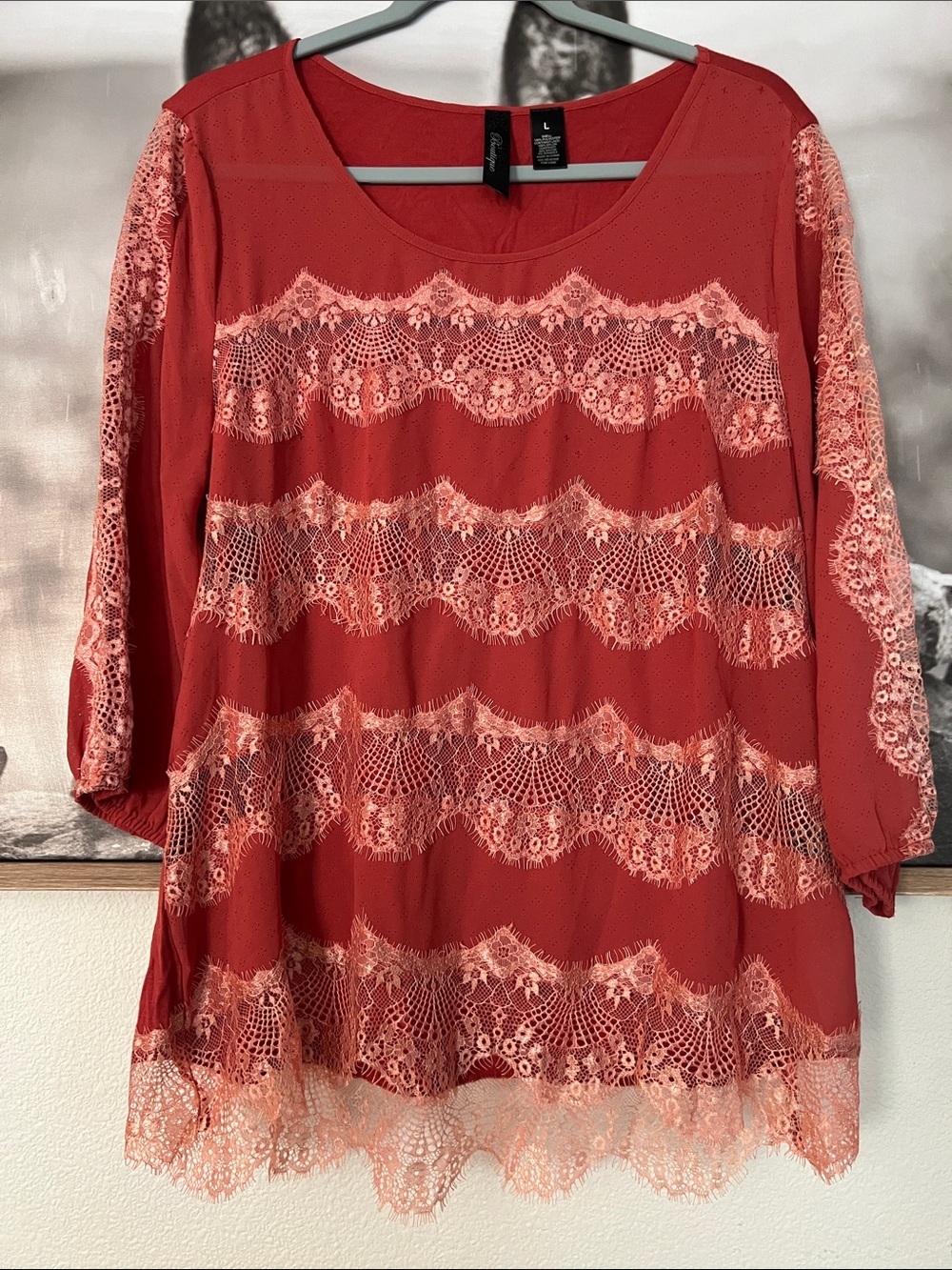 BKE Coral Red Lace-Trim Scoop Neck Blouse